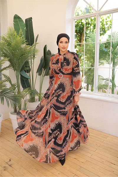 Bwest Black Print Buckle Belt Long Chiffon Dress - 50005.030 - Tile