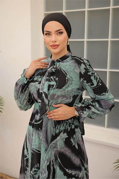 Bwest Black Print Buckle Belt Long Chiffon Dress - 50005.100 - Green