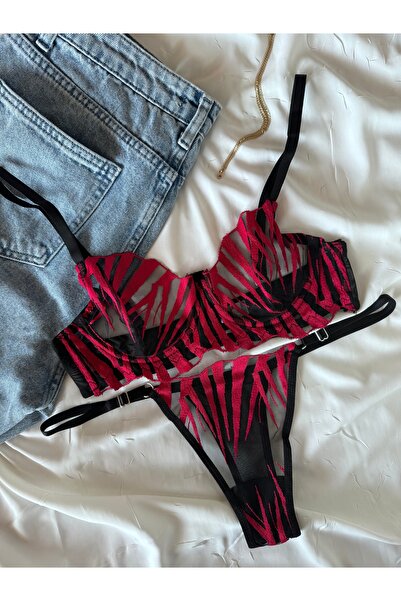 ROZENİN LINGERIE Christmas Gift Red Black Patterned Underwire Cupless Tulle Bra Set (Bra Tanga)