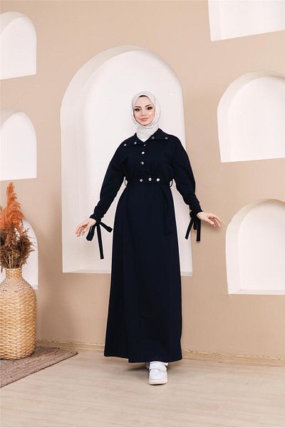 Bwest Waist Tied Long Dress with Snap Sleeve Stripe Detail - 71183.015 - Navy