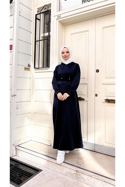 Bwest Hooded Mobile Pocket Cotton Dress - 71169.015 - Navy Blue