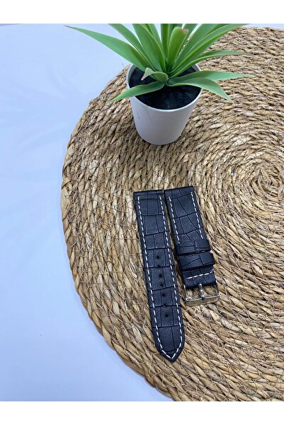 Prizma 24mm Mat Croco Desen Siyah Saat Kordonu. Taba Dikiş. Suni Deri. Vegan ...