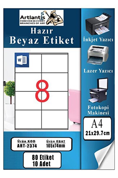 Artlantis A4 Hazır Etiket 105x74 mm 10 Sayfa 1 Paket 8 li Kendinden Yapışkanl...