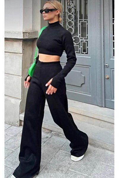 Generic Brand Women's Mock Neck Knit Cropped Sweater Pants Knit Top and Botto...