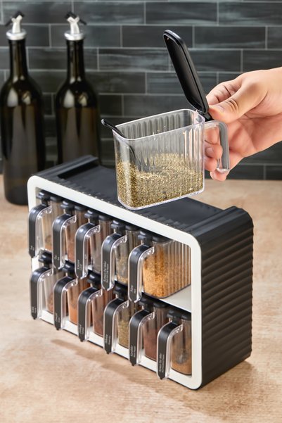 OES HOME 12-Piece Stand Self-Adhesive Lidded Spoon-Holder Spice Jar Set - Handled Spice Jar --BLACK--
