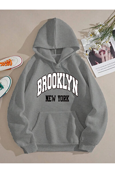 StartMore Hanorac oversize unisex cu glugă, imprimat Brooklyn, cu trei fire, ...