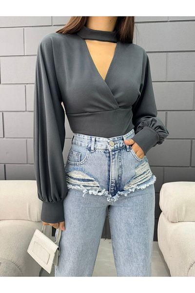 Fav Style Καπνιστή γυναικεία Crop μπλούζα - μανίκια με μπαλόνι, διπλό στήθος γιακά και λεπτομέρεια λαιμόκοψης