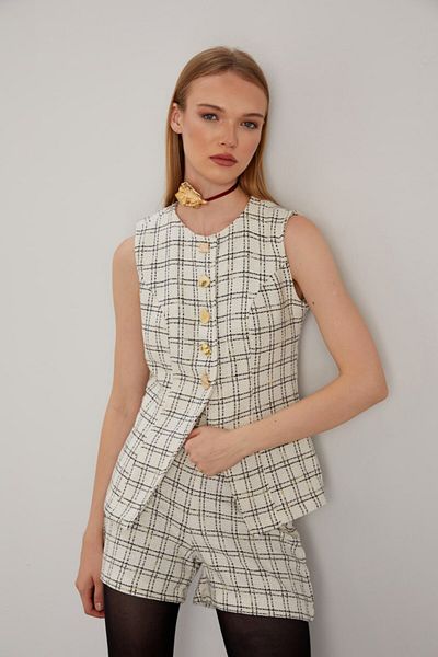 Julidress Plaid Patterned Metal Gold Button Detailed Vest and Shorts Premium Tweed Set