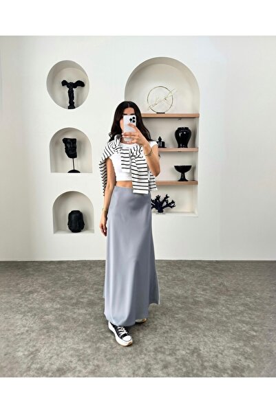Butik Maxi Boy Beli Lastikli Gri Saten Etek
