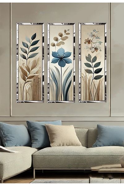 avm19 Pictură cu flori pastel albastre cu cadru din plexiglas 3 buc