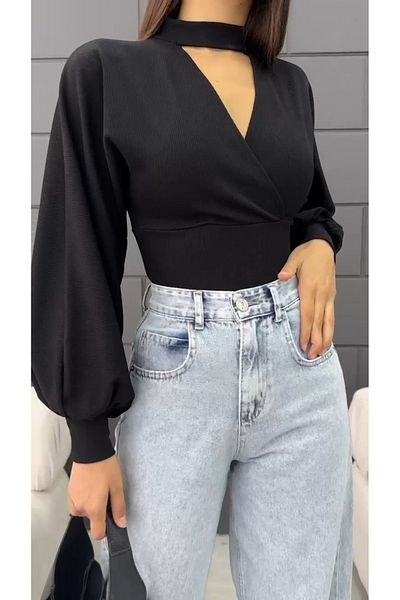 Fav Style Γυναικεία μπλούζα με διπλό στήθος λαιμόκοψη Λεπτομερής μπαλόνι μακρυμάνικη μπλούζα μαύρη