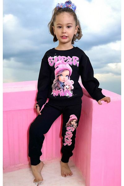 Lolliboomkids Κοριτσίστικη κούκλα φούξια ροζ μαύρη στάμπα φούτερ αθλητική φόρμα κάτω επάνω σετ
