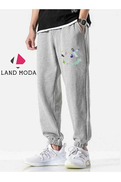 LAND MODA Ανδρικό γκρι αθλητικό εμπριμέ Slim Fit Jogger Sweatpants - με ελαστικά πόδια και τσέπες