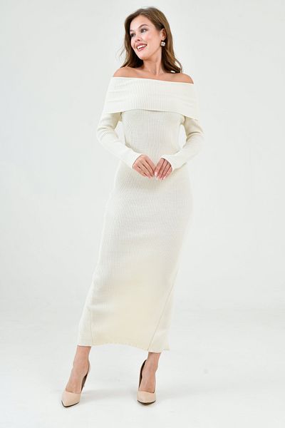 bayansepeti Women's Stretchy Knitwear Fabric Long Sleeve Slit Detailed Madonna Collar Midi Length Ecru Knitwear Dress 1170