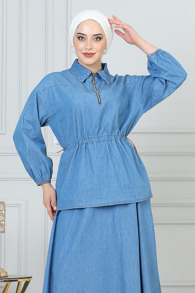 Herita Blaues Jeansrock-Set mit Schnürdetail