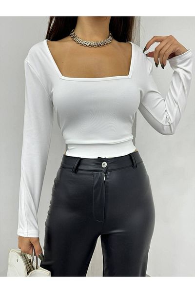 Fav Style Γυναικεία μπλούζα με ριγέ μακρυμάνικη τετράγωνη λαιμόκοψη λευκή