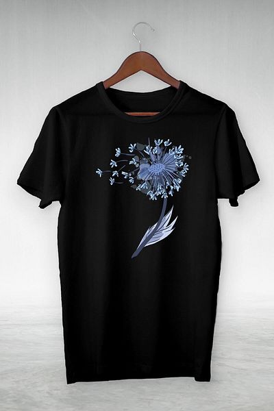 New Shine Μαύρο T-Shirt Illustration - Blue Single Flower Printed, Vip Design