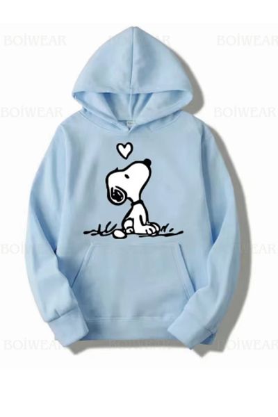Boi Hanorac de damă Lovely Snoopy imprimat cu 3 fire groase - negru, roz, alb și hanorac supradimensionat Baby Blue