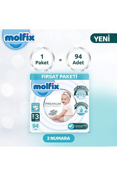 Molfix Premium Ultra Opportunity Package Midi Size 3 Baby Diapers 94 Pieces 4-9 kg
