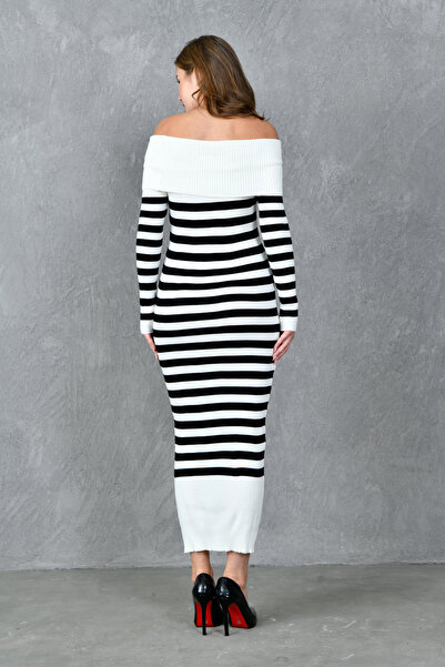 vuvutasarım Еластична сукня з ліковим коміром, довгими рукавами та смугастим візерунком, середньої довжини, біла трикотажна сукня 1160