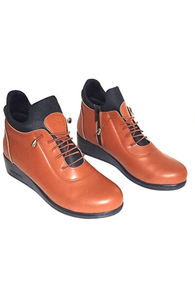 Kılıfoloji Ortobetik Taban Su Geçirmez Kadın / Kız Düz Topuklu Cilt Fermuarlı Bot Taba