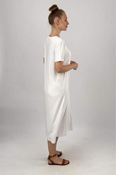 Betimoda Women's Short Sleeve Viscose Midi Length Crew Neck Dress White