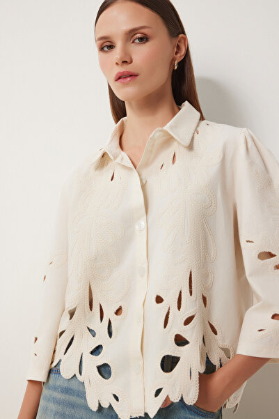 Lovelyİstanbul Krémová krajková vyšívaná popelínová košile - prolamovaná Lqs0010
