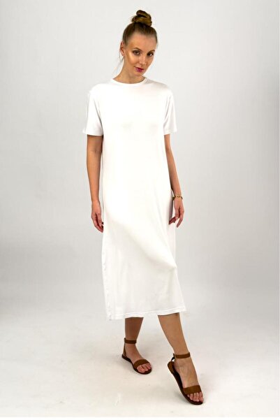 Betimoda Women's Short Sleeve Viscose Midi Length Crew Neck Dress White