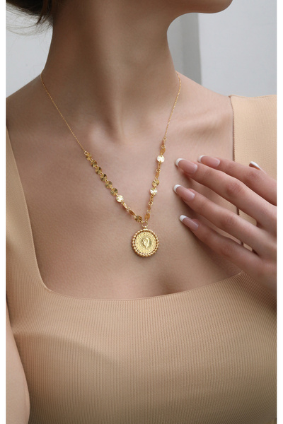 Kuyumcum 14 Ayar Altın Pullu Çeyrekli Kolye, Anneye Eşe Sevgiliye Hediye