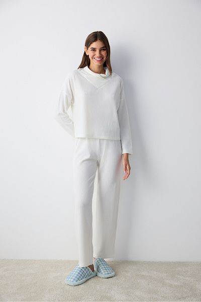 Penti Mila Waffel Ecru Hosen-Pyjama-Set