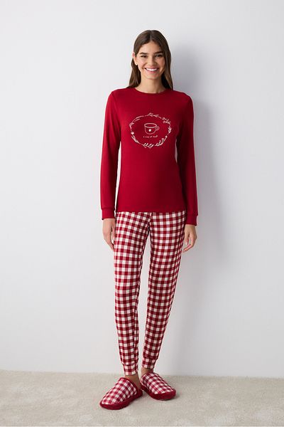 Penti Coffee Time Red Thermal Trousers Pajama Set
