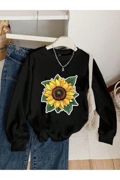 PROBADGER سترة هوديي سوداء كبيرة الحجم مطبوعة برسومات زهرة الشمسية على الجهة ...