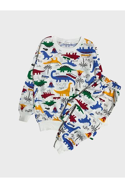Fil Kids Set de pijamale de sezon cu mânecă lungă, din bumbac, alb, cu model de dinozaur