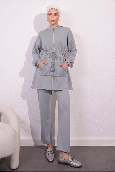 TRENDTESETTÜR Women's Gray Knitted Trousers Set - t 4044