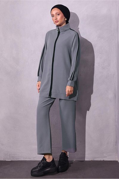 TRENDTESETTÜR Gray Stripe Detailed Women's Trousers Set - t 2654