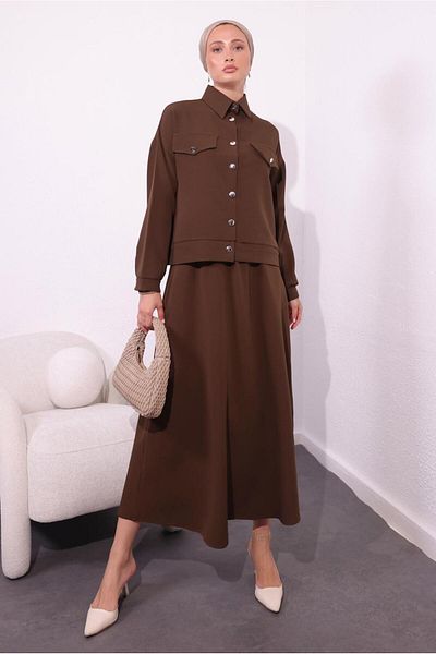 TRENDTESETTÜR Γυναικείο Καφέ Σετ Φούστα Hijab - T 4554