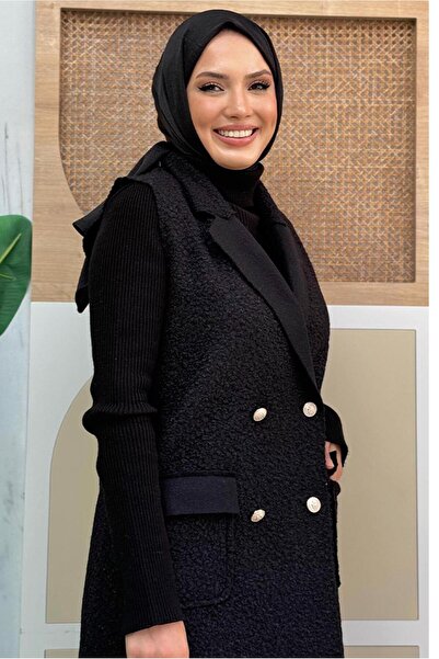 TRENDTESETTÜR Black Double Breasted Collar Long Vest - Women's t 6987