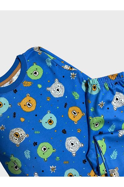elmas kids Set de pijamale de iarnă cu mânecă lungă, 100% bumbac, cu model de ursuleț albastru