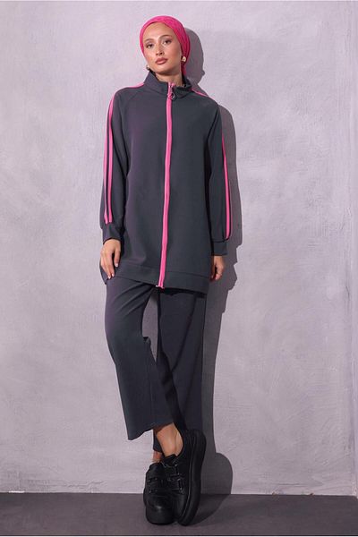 TRENDTESETTÜR Gray Smoked Stripe Detailed Women's Set - Pants t 2654