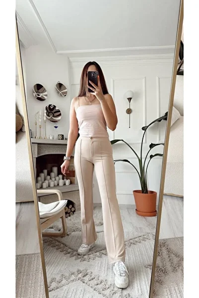 Nevruz Beige Flare Leg Lycra Palazzo Trousers