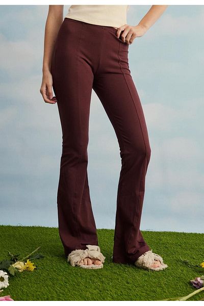TUBİA Women's Chocolate Color Striped Spanish Leg Trousers