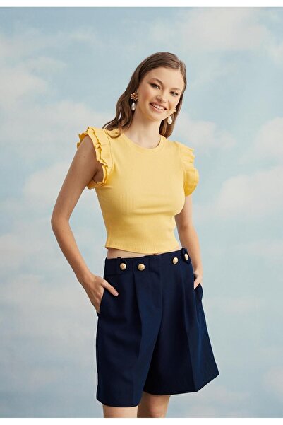 TUBİA Γυναικείο μπλουζάκι με βολάν στα μανίκια και κίτρινο μανίκι με κοντό μανίκι