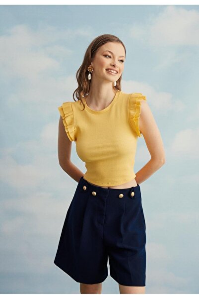 TUBİA Γυναικείο μπλουζάκι με βολάν στα μανίκια και κίτρινο μανίκι με κοντό μανίκι