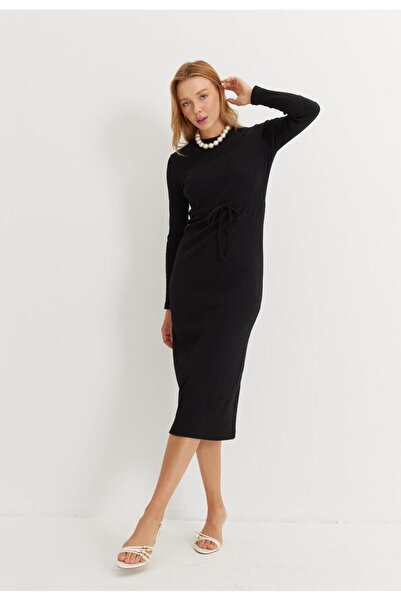 TUBİA Rochie cu mânecă lungă cu șnur camisole de culoare neagră pentru femei