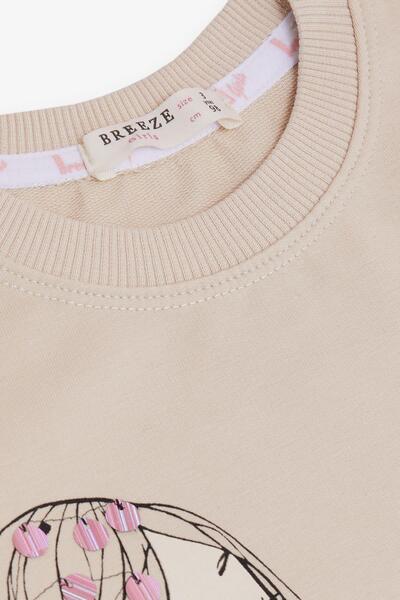 Breeze Kız Çocuk Tunik Mutlu Kız Baskılı Pullu 3-7 Yaş, Bej
