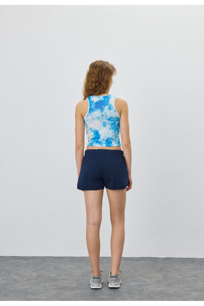 TUBİA Kadın Cepsiz Yırtmaçlı Lacivert Diagonel Kumaş Kısa Şort