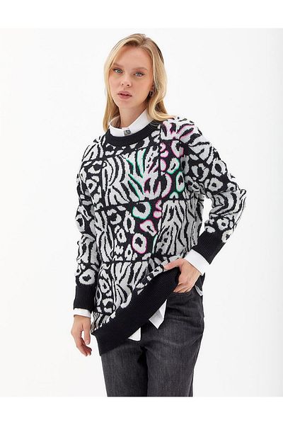 Kayra Exclusive Abstract Patterned Black-Optic White Knitwear Tunik