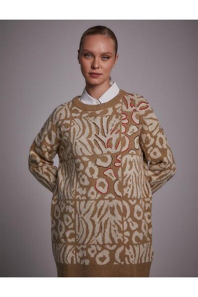 Kayra Exclusive Soyut Desenli Triko Tunik Bej-Ekru
