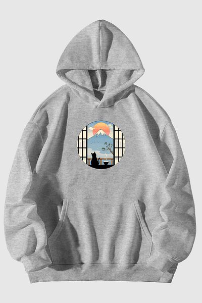 Harmandar Φούτερ με στάμπα Unisex Μαύρη κουκούλα Peaceful Cat - Hoodie Kangaroo Pocket