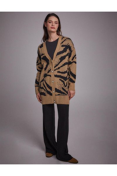 Kayra Black-Beige Abstract Patterned Knitwear Cardigan - Exclusive